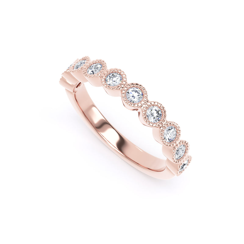 Round Diamond Rose Gold Ring, Millgrain Bezel Half Eternity | ET1219