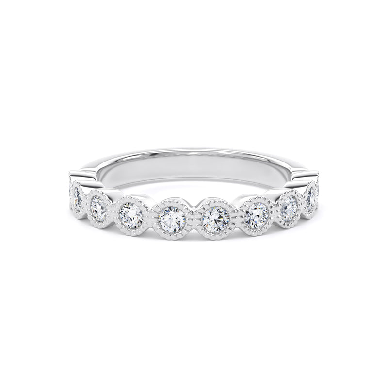 Round Diamond White Gold Ring, Millgrain Bezel Half Eternity | ET1219