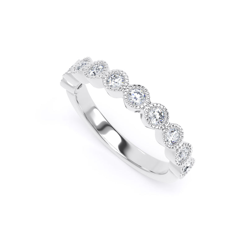 Round Diamond White Gold Ring, Millgrain Bezel Half Eternity | ET1219
