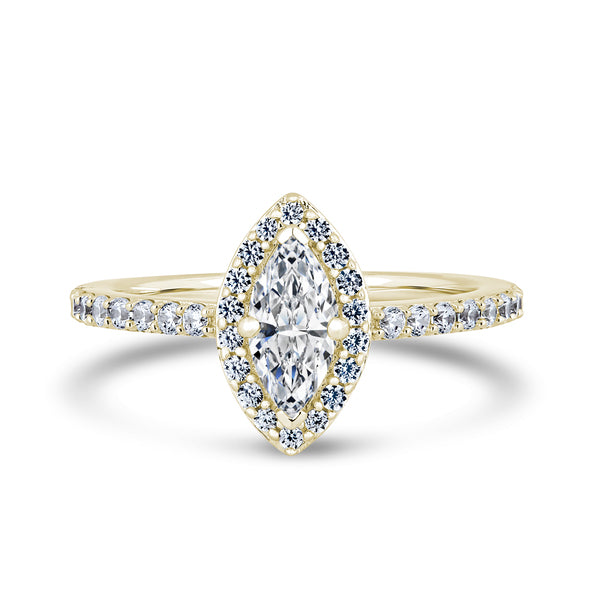 Marquise Halo Yellow Gold Ring, Shoulder Set | MHW01 SMM