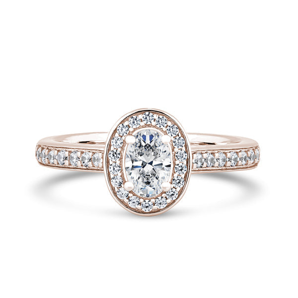 Oval Halo Rose Gold Ring, Milgrain Shoulder Set | OHG01 SMO