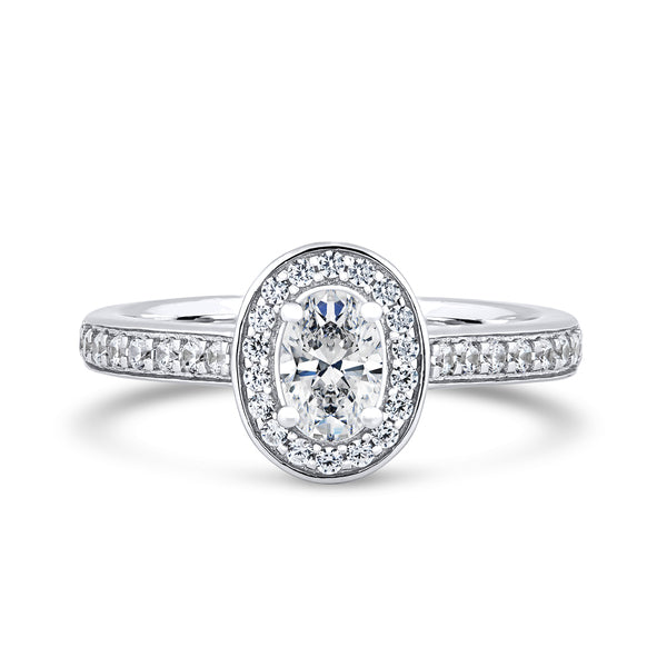 Oval Halo Platinum Ring, Milgrain Shoulder Set | OHG01 SMO
