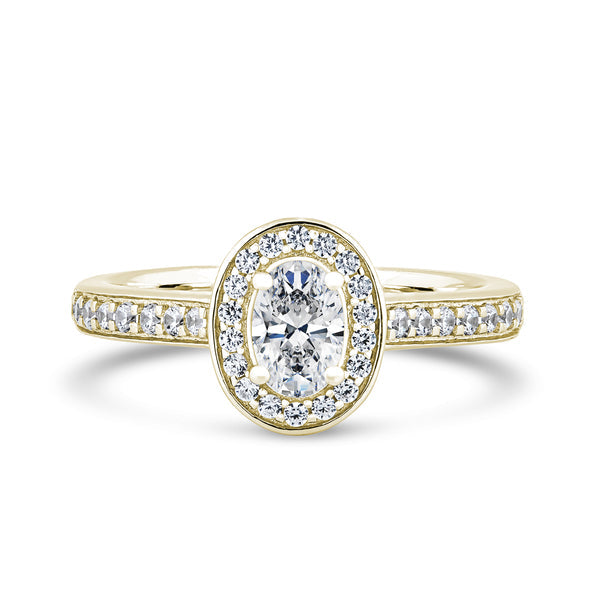 Oval Halo Yellow Gold Ring, Milgrain Shoulder Set | OHG01 SMO