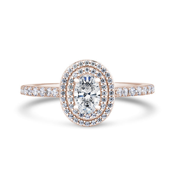 Oval Double Halo Rose Gold Ring, Shoulder Set | OHW02 SMO