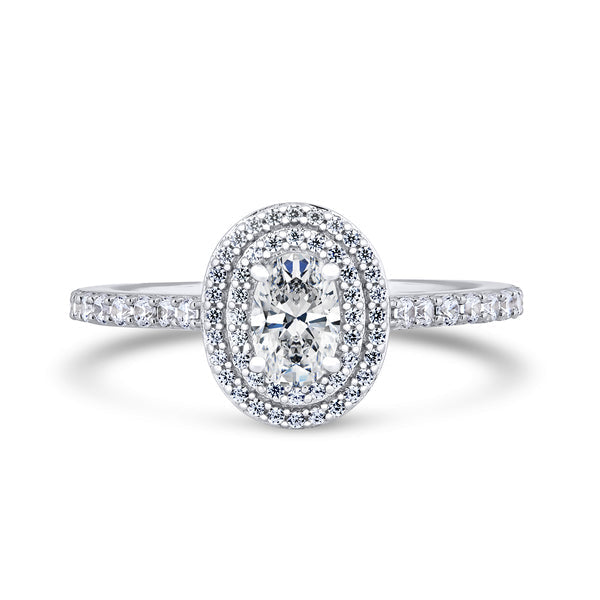 Oval Double Halo White Gold Ring, Shoulder Set | OHW02 SMO