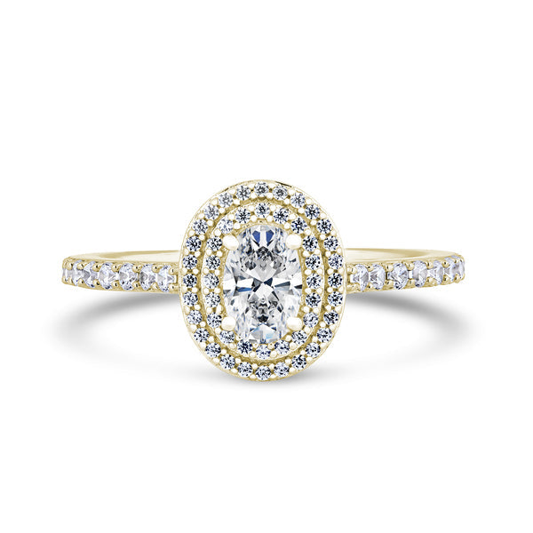 Oval Double Halo Yellow Gold Ring, Shoulder Set | OHW02 SMO