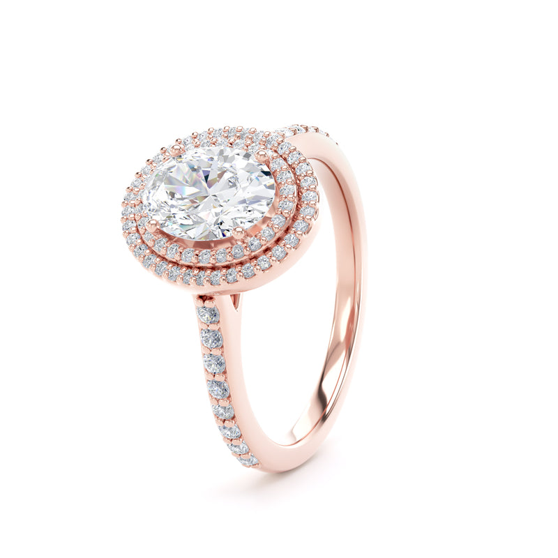 Double Halo Diamond Shoulder Ring | Rose Gold, Oval Diamond | OHW02 SMO