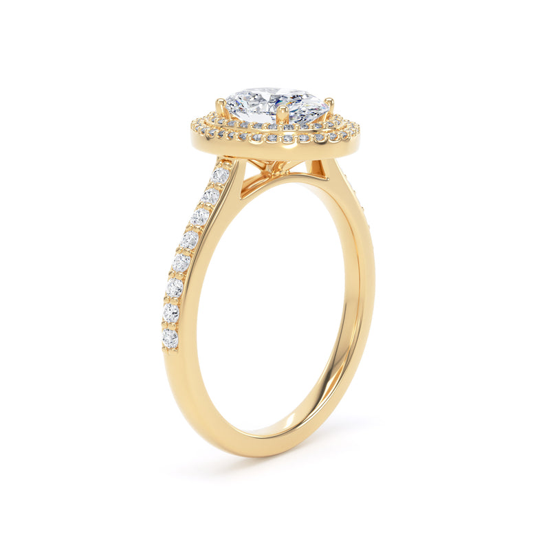 Double Halo Diamond Shoulder Ring | Yellow Gold, Oval Diamond | OHW02 SMO