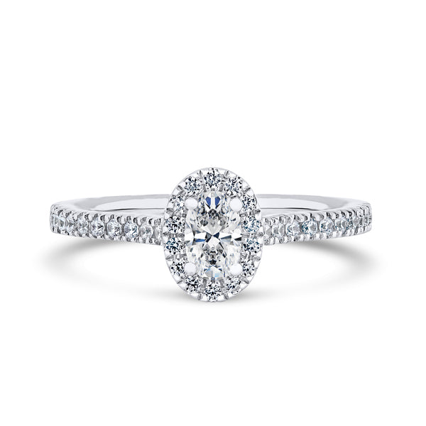 Oval Halo White Gold Ring, Fishtail Shoulder Set | OHW03 SMO