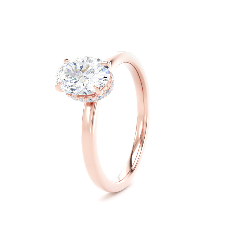 Oval Diamond Rose Gold Ring, Plain Band Hidden Halo | SMO OPS01