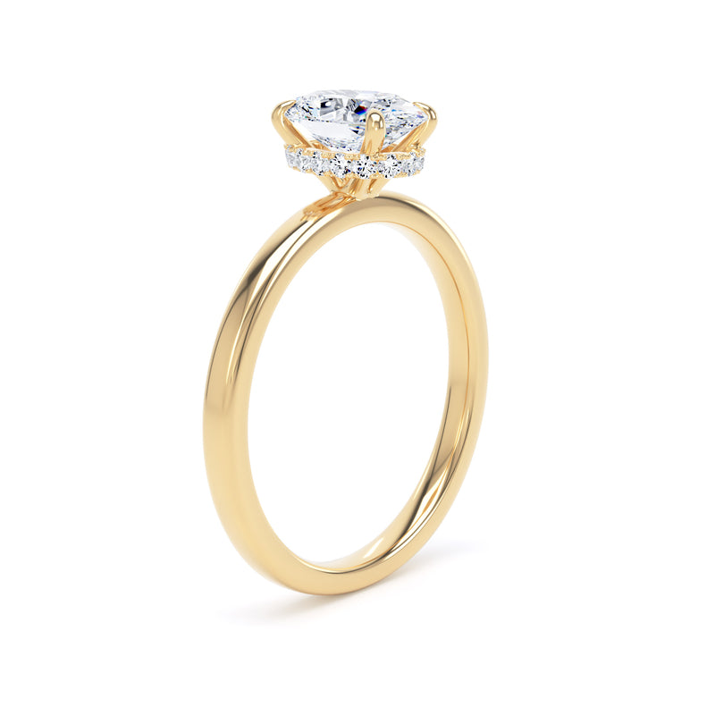 Oval Diamond Yellow Gold Ring, Plain Band Hidden Halo | LGO OPS01