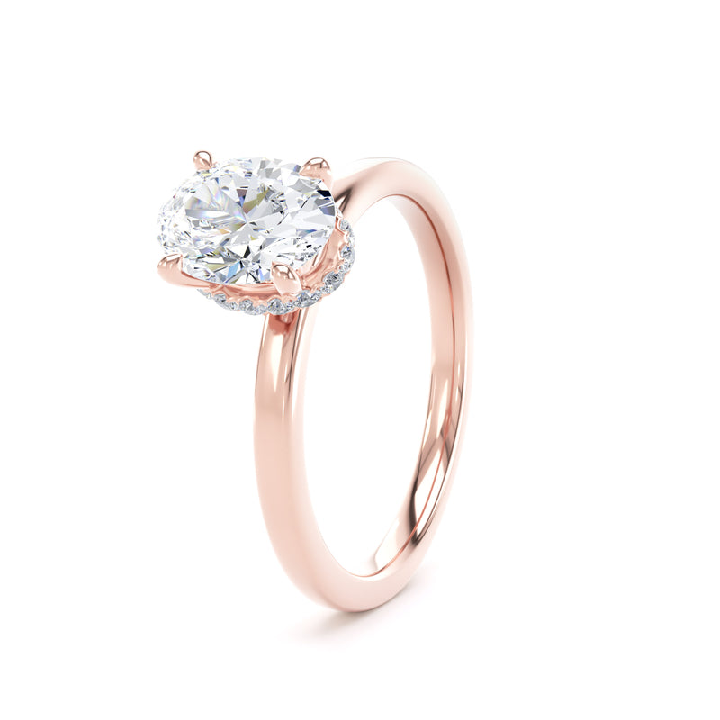 Oval Diamond Rose Gold Ring, Plain Band Hidden Halo | SMO OPS02