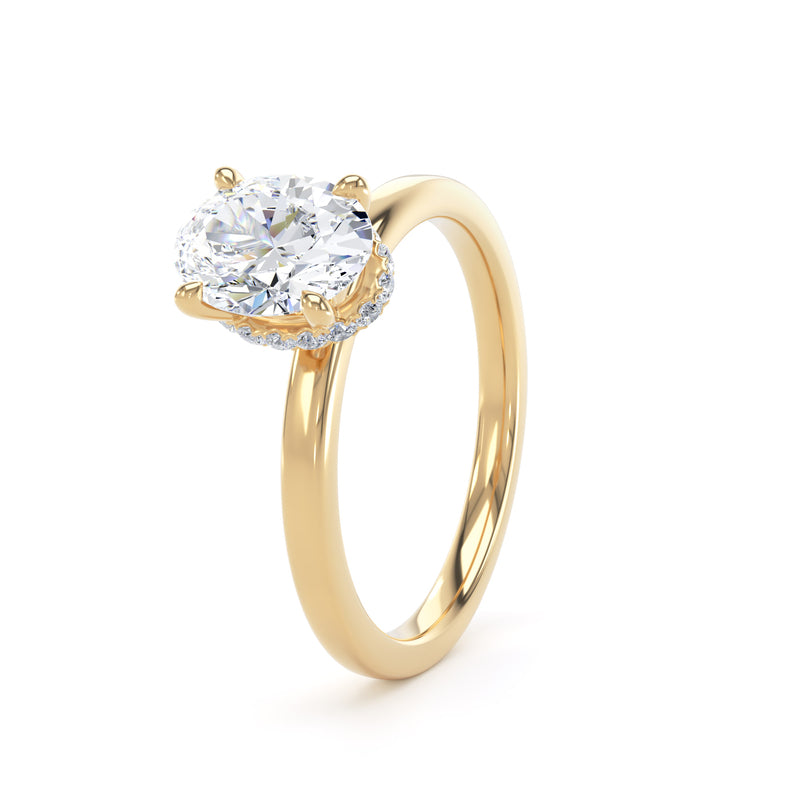 Oval Diamond Yellow Gold Ring, Plain Band Hidden Halo | LGO OPS02