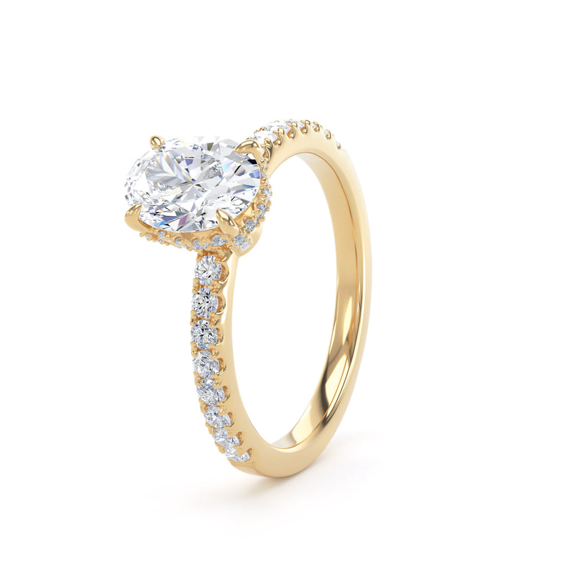 Oval Diamond Yellow Gold Ring, Diamond Prong Hidden Halo | SMO OSS01