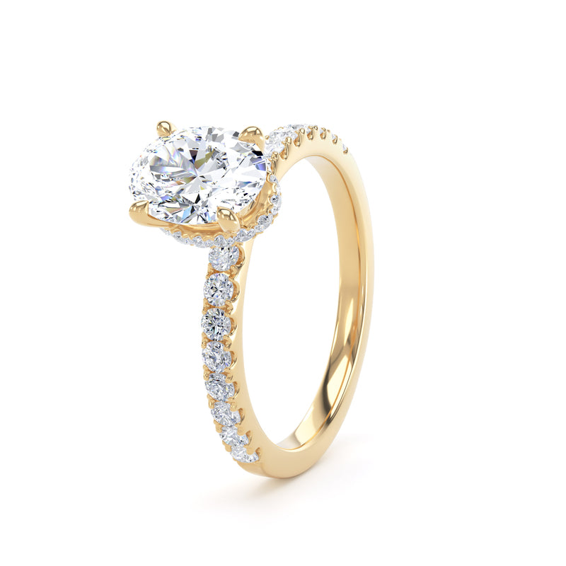 Oval Diamond Yellow Gold Ring, Diamond Band Hidden Halo | SMO OSS02