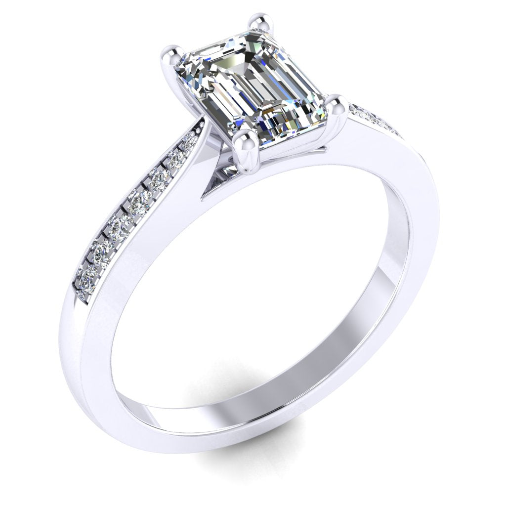 Emerald Diamond White Gold Ring, Tapered Grain Shoulder Set | LGE RX5495