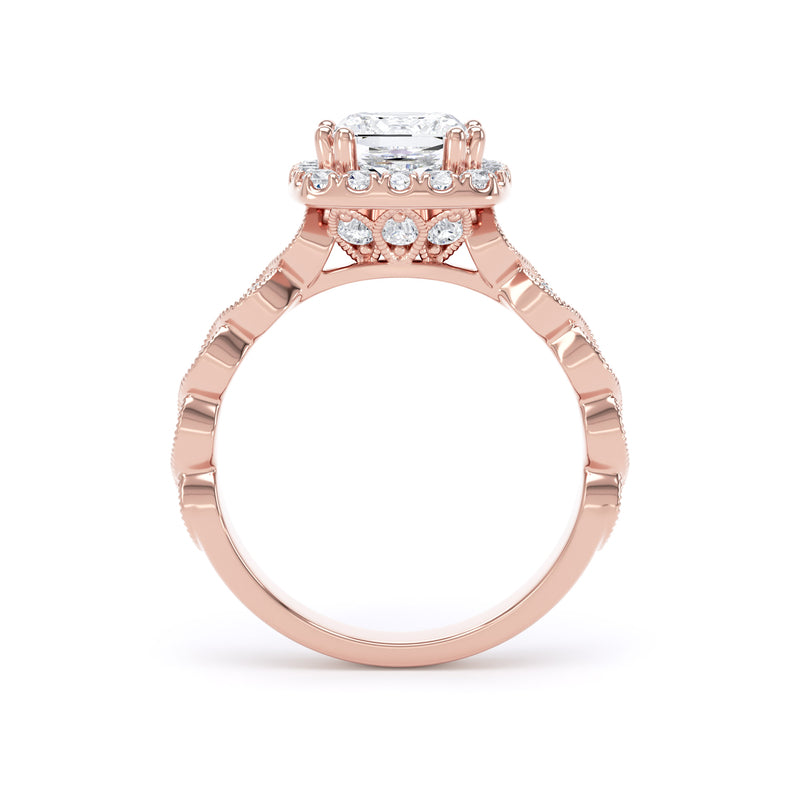 Princess Diamond Rose Gold Ring, Millgrain Band Fancy Gallery Halo | LGS PHM01