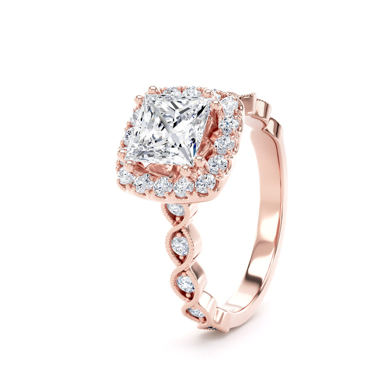 Princess Diamond Rose Gold Ring, Millgrain Band Fancy Gallery Halo | LGS PHM01