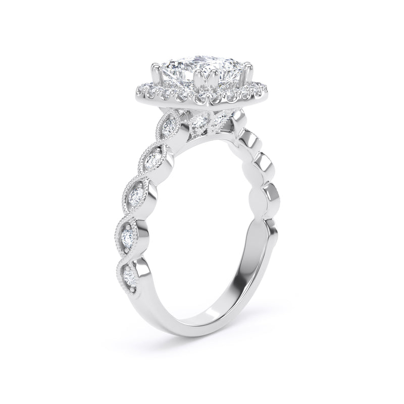 Princess Diamond White Gold Ring, Millgrain Band Fancy Gallery Halo | LGS PHM01