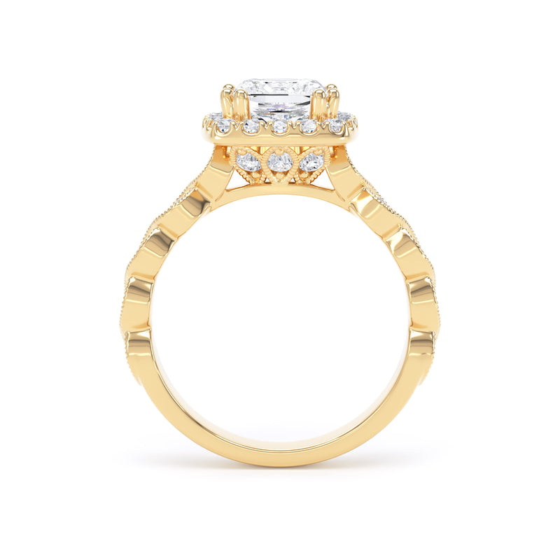 Princess Diamond Yellow Gold Ring, Millgrain Band Fancy Gallery Halo | LGS PHM01