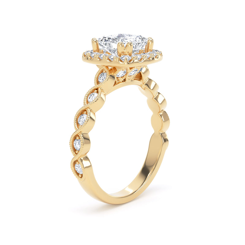 Princess Diamond Yellow Gold Ring, Millgrain Band Fancy Gallery Halo | LGS PHM01