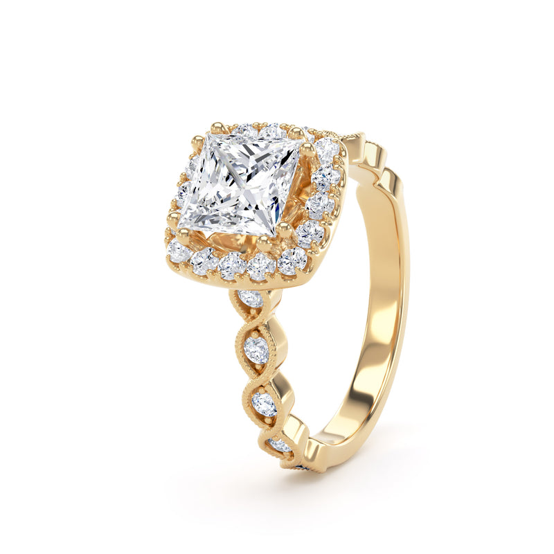 Princess Diamond Yellow Gold Ring, Millgrain Band Fancy Gallery Halo | LGS PHM01