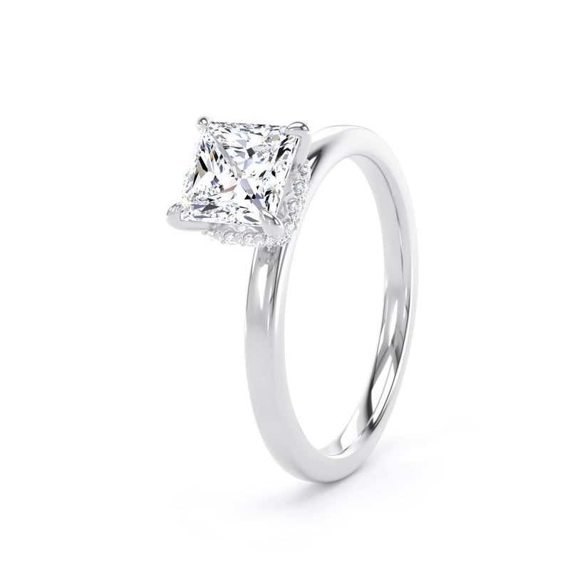Princess Diamond Platinum Ring, Plain Band Hidden Halo | LGP PPS01