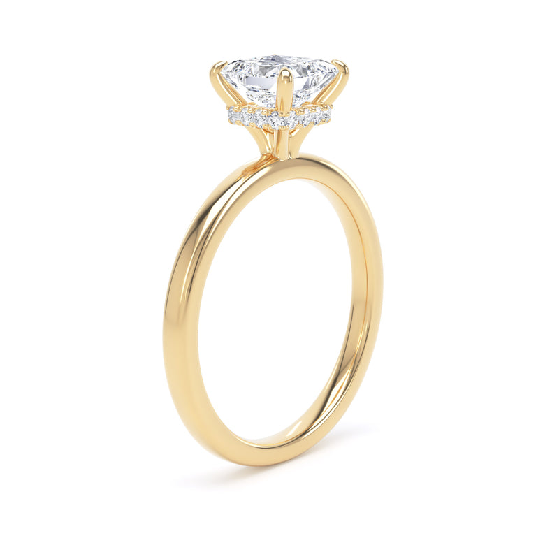 Princess Diamond Yellow Gold Ring, Plain Band Hidden Halo | LGP PPS01