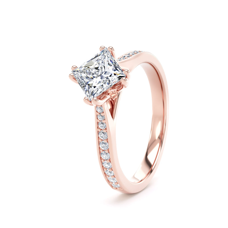 Princess Diamond Rose Gold Ring, Grain Shoulder Set Compass Lotus | SMS PSG03