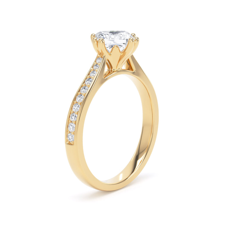 Princess Diamond Yellow Gold Ring, Grain Shoulder Set Compass Lotus | LGS PSG03