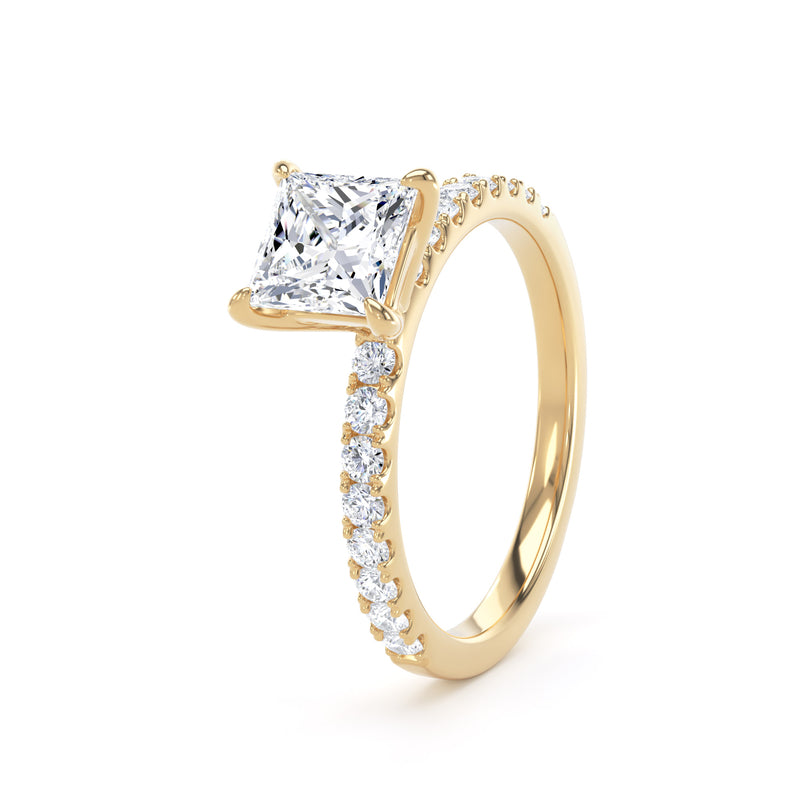 Princess Diamond Yellow Gold Ring, Floating Head Shoulder Set | SMS PSP01