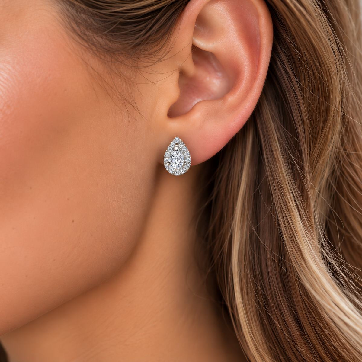 Pear Diamond Rose Gold Earrings, Micro Set Halo | PE1002