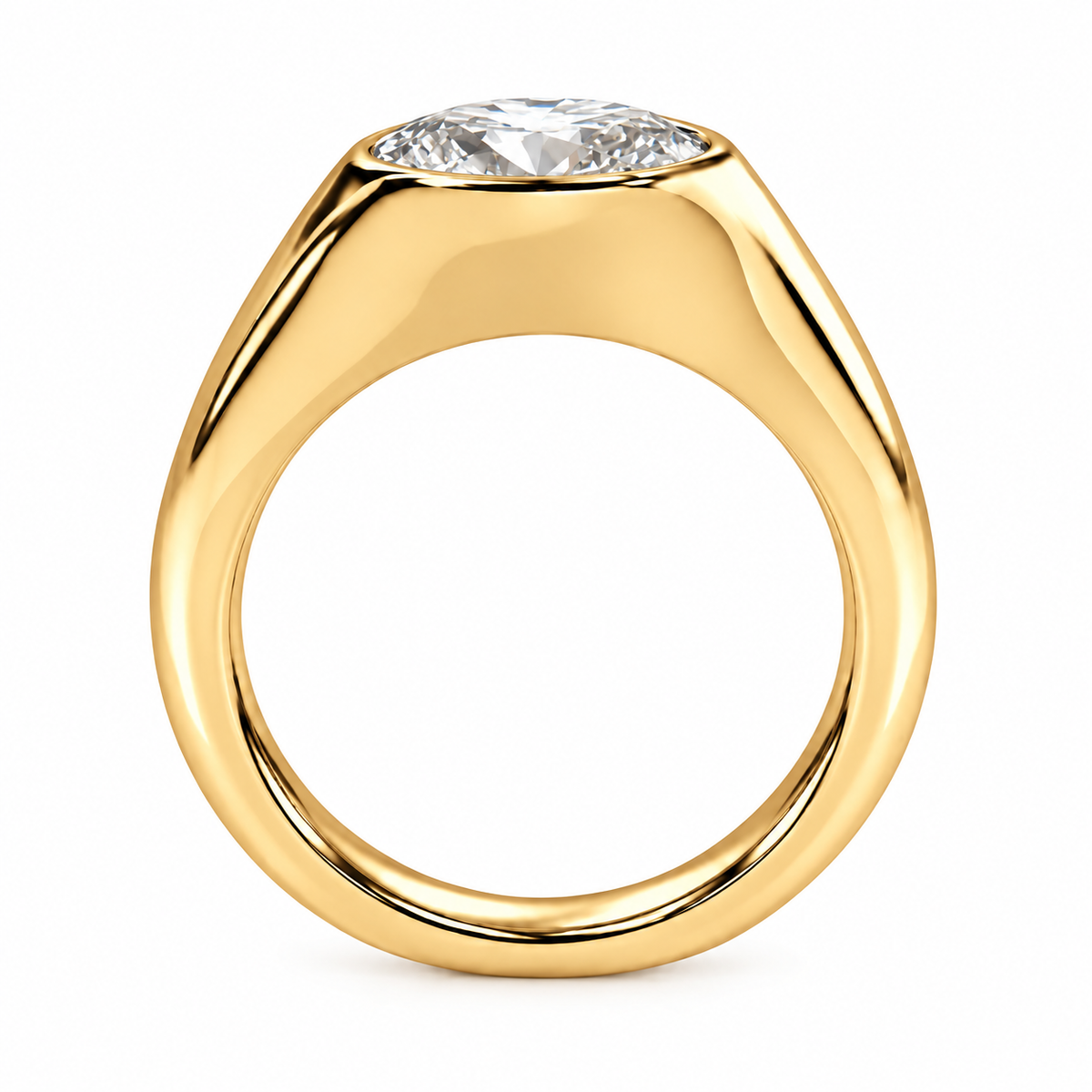A yellow gold ring with a large, oval brilliant-cut diamond set in a wide, polished dome-shaped band, shown against a plain white background.