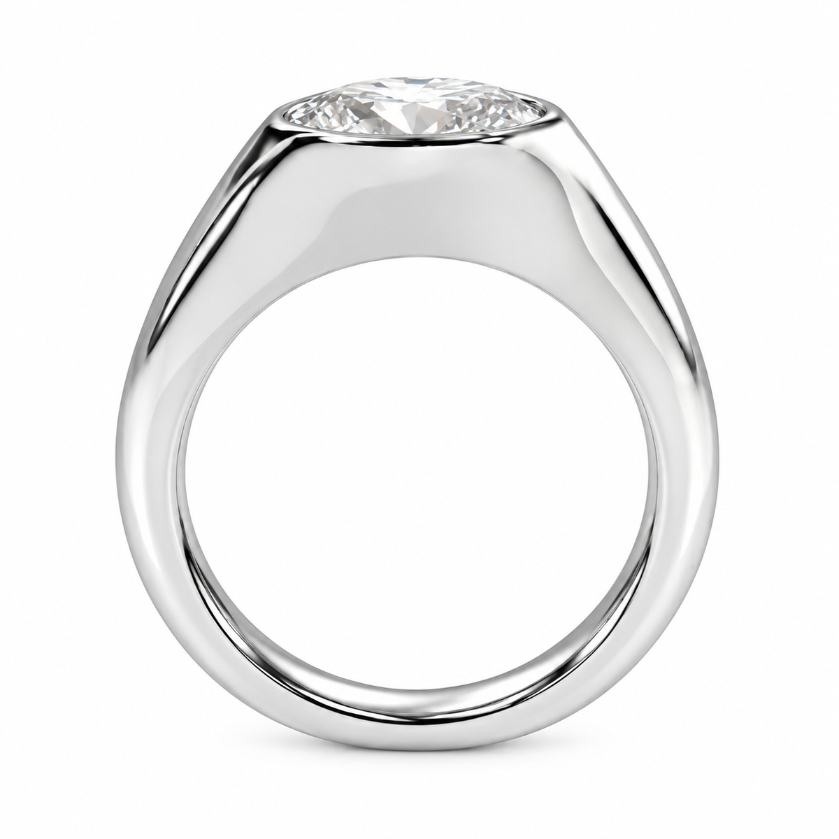 A polished silver-toned ring with a large, oval brilliant-cut clear gemstone in a bezelsetting, shown against a solid white background.