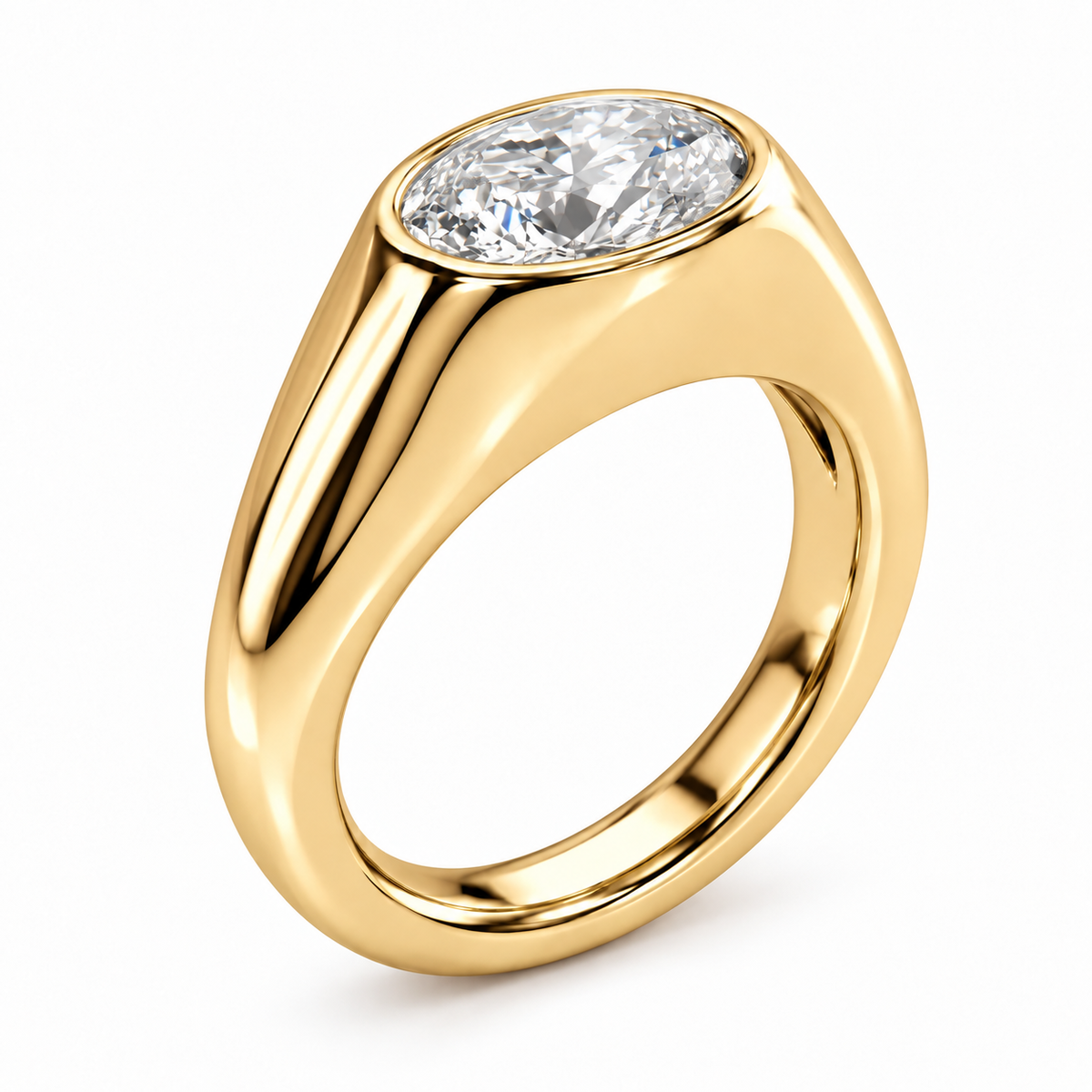 A polished yellow gold engagement ring featuring a large oval-cut clear diamond, shown on a clean white background.