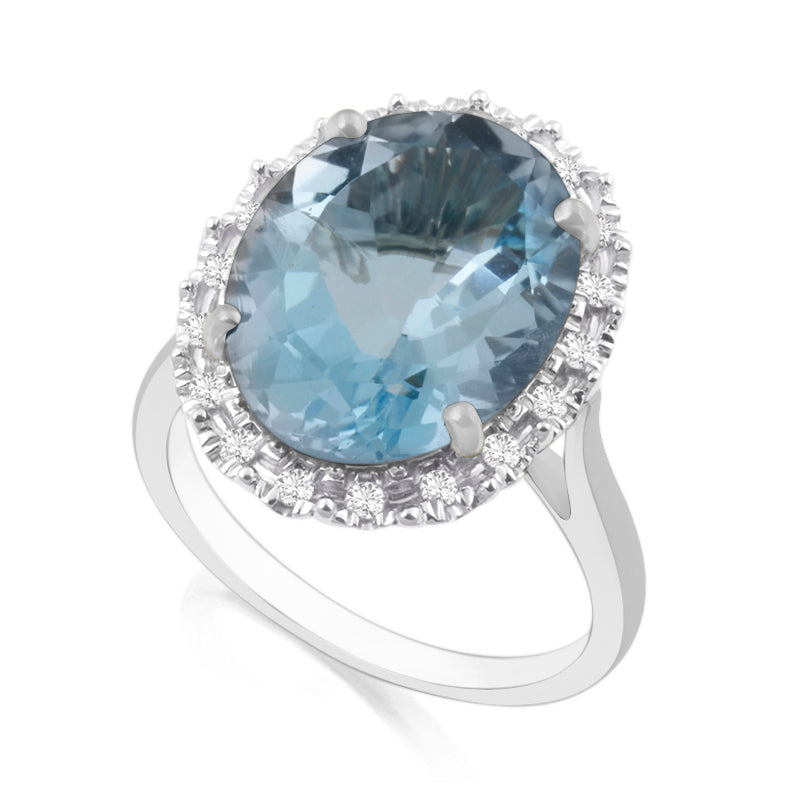 Oval Cut, 10ct Blue Topaz Platinum Ring with Halo Set Diamonds