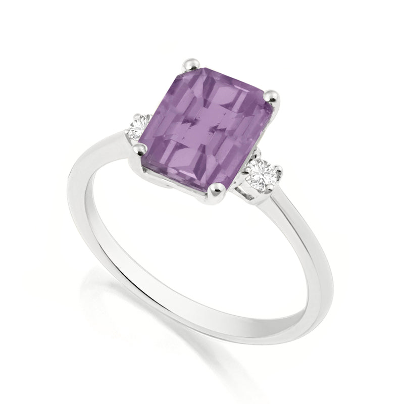 Elongated Radiant Cut Amethyst White Gold Trilogy Ring with Diamond Sidestones