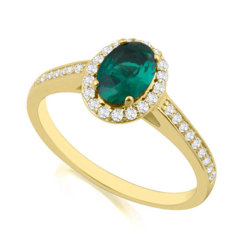 Oval Cut Emerald Yellow Gold Ring with Shoulder & Halo Set Diamonds