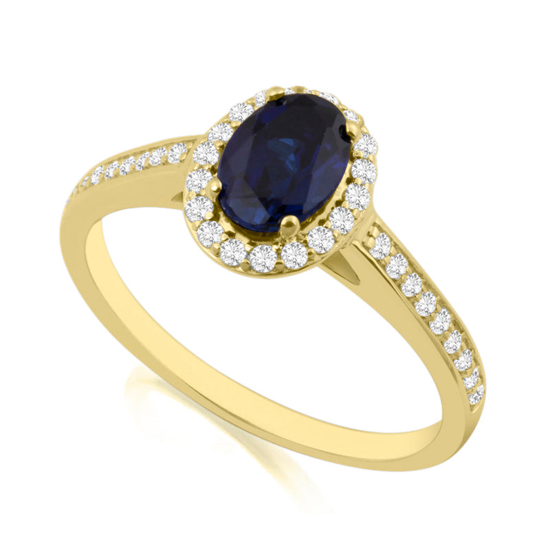 Oval Cut Sapphire Yellow Gold Ring with Shoulder & Halo Set Diamonds