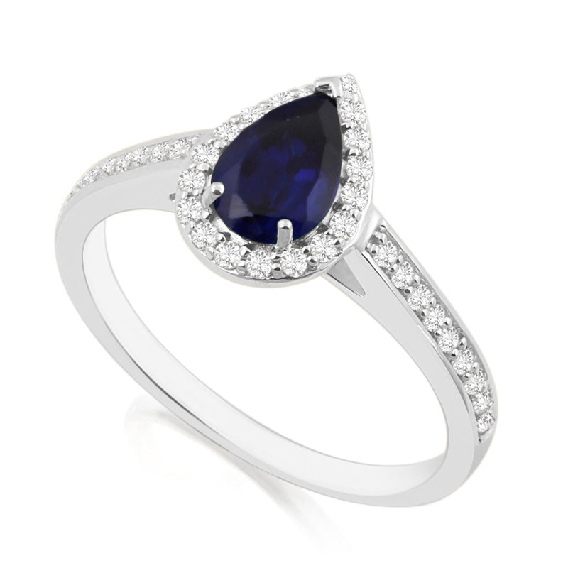Pear Cut Sapphire White Gold Ring with Shoulder & Halo Set Diamonds