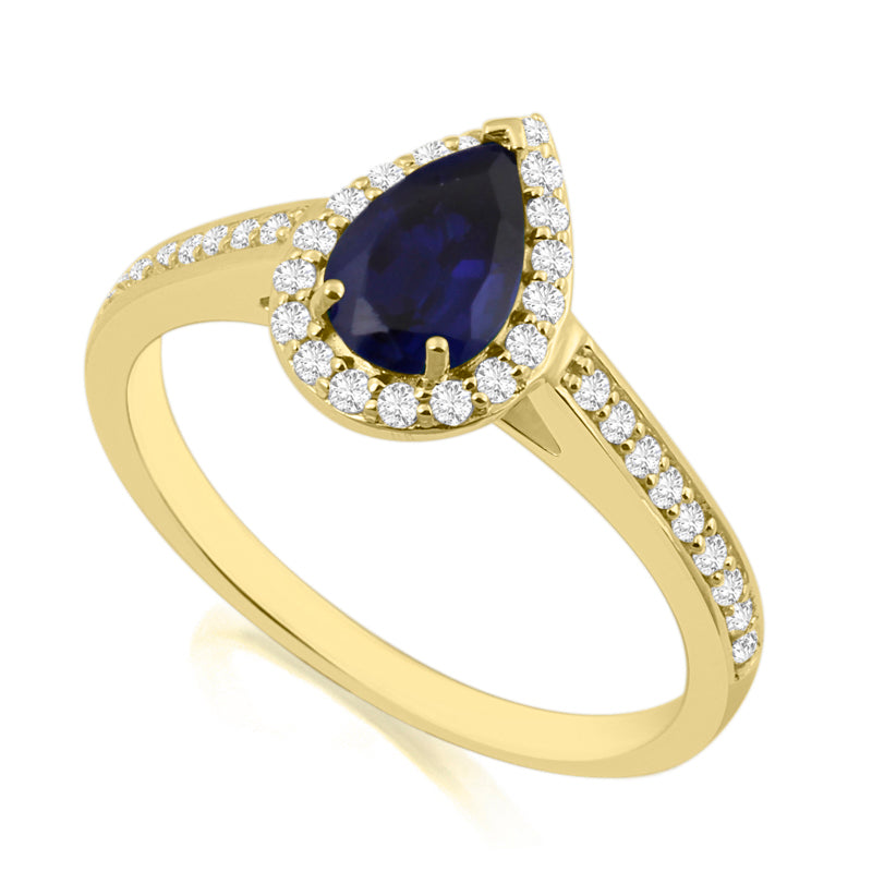 Pear Cut Sapphire Yellow Gold Ring with Shoulder & Halo Set Diamonds