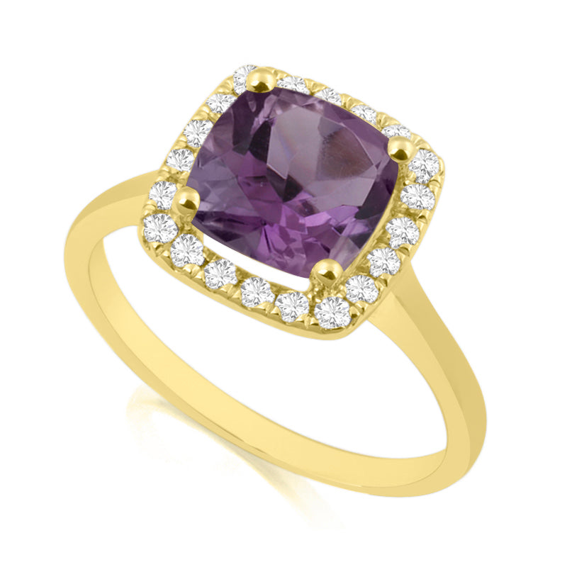 Princess Cut Amethyst Yellow Gold Ring with Halo Set Diamonds