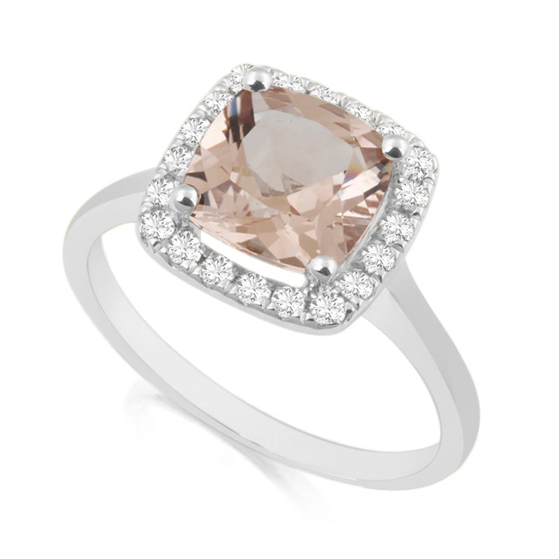 Princess Cut Morganite White Gold Ring with Halo Set Diamonds