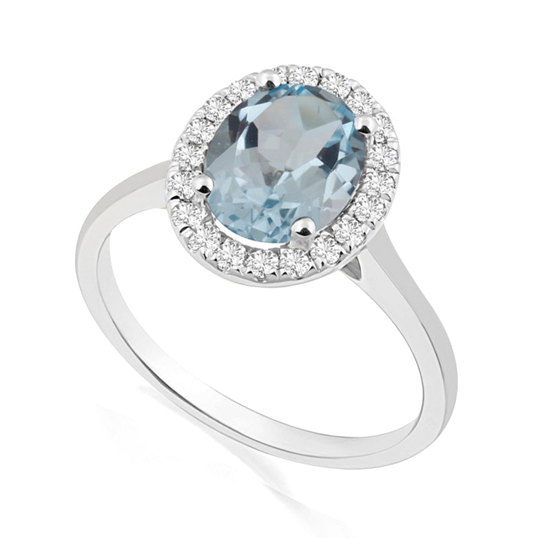 Oval Cut Blue Topaz Platinum Ring with Halo Set Diamonds