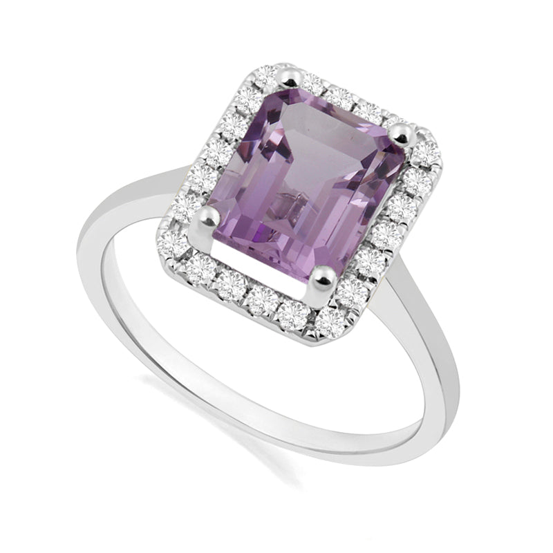 Emerald Cut Amethyst White Gold Ring with Halo Set Diamonds