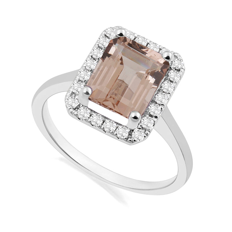 Emerald Cut Morganite White Gold Ring with Halo Set Diamonds