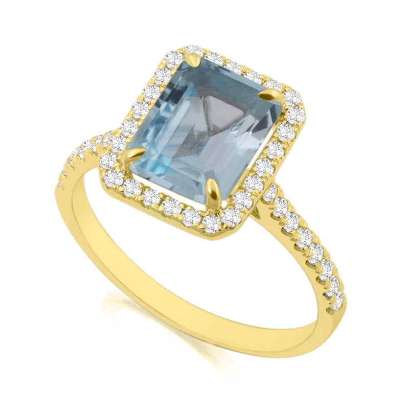 Emerald Cut, Blue Topaz Yellow Gold Ring with Shoulder & Halo Set Diamonds