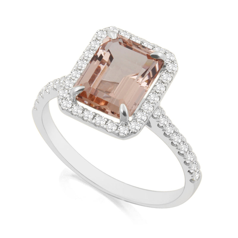 Emerald Cut Morganite White Gold Ring with Shoulder & Halo Set Diamonds