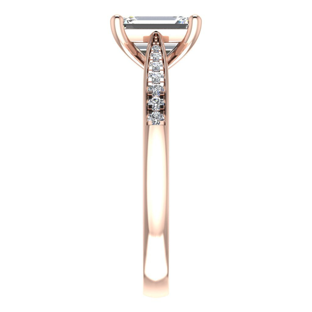 Emerald Diamond Rose Gold Ring, Tapered Grain Shoulder Set | SME RX5495