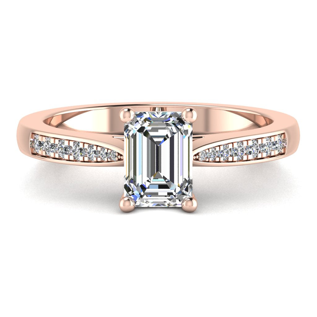 Emerald Diamond Rose Gold Ring, Tapered Grain Shoulder Set | SME RX5495
